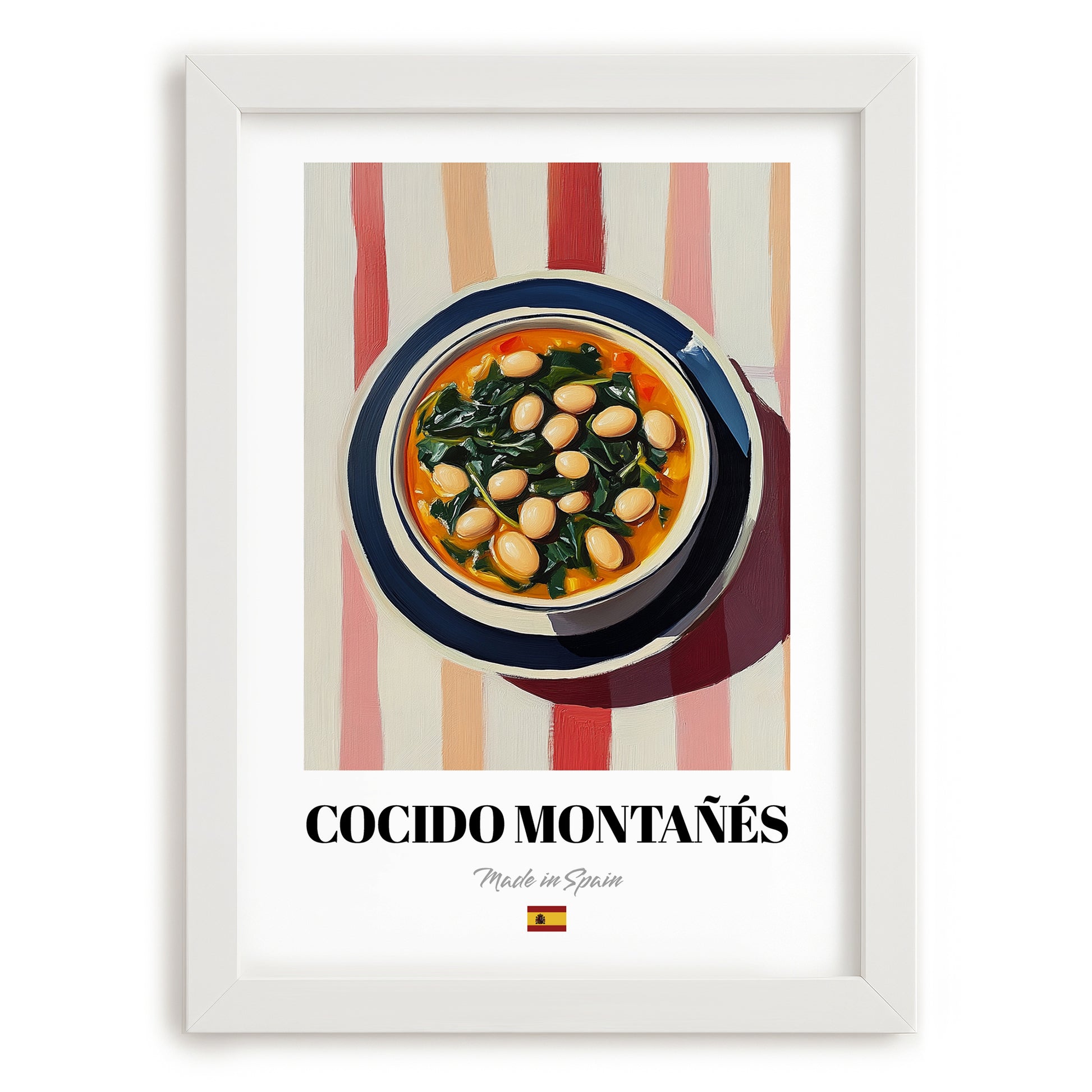 Cocido Montañés – on Striped Tablecloth, Spanish Food Painting, placed in minimal white frame