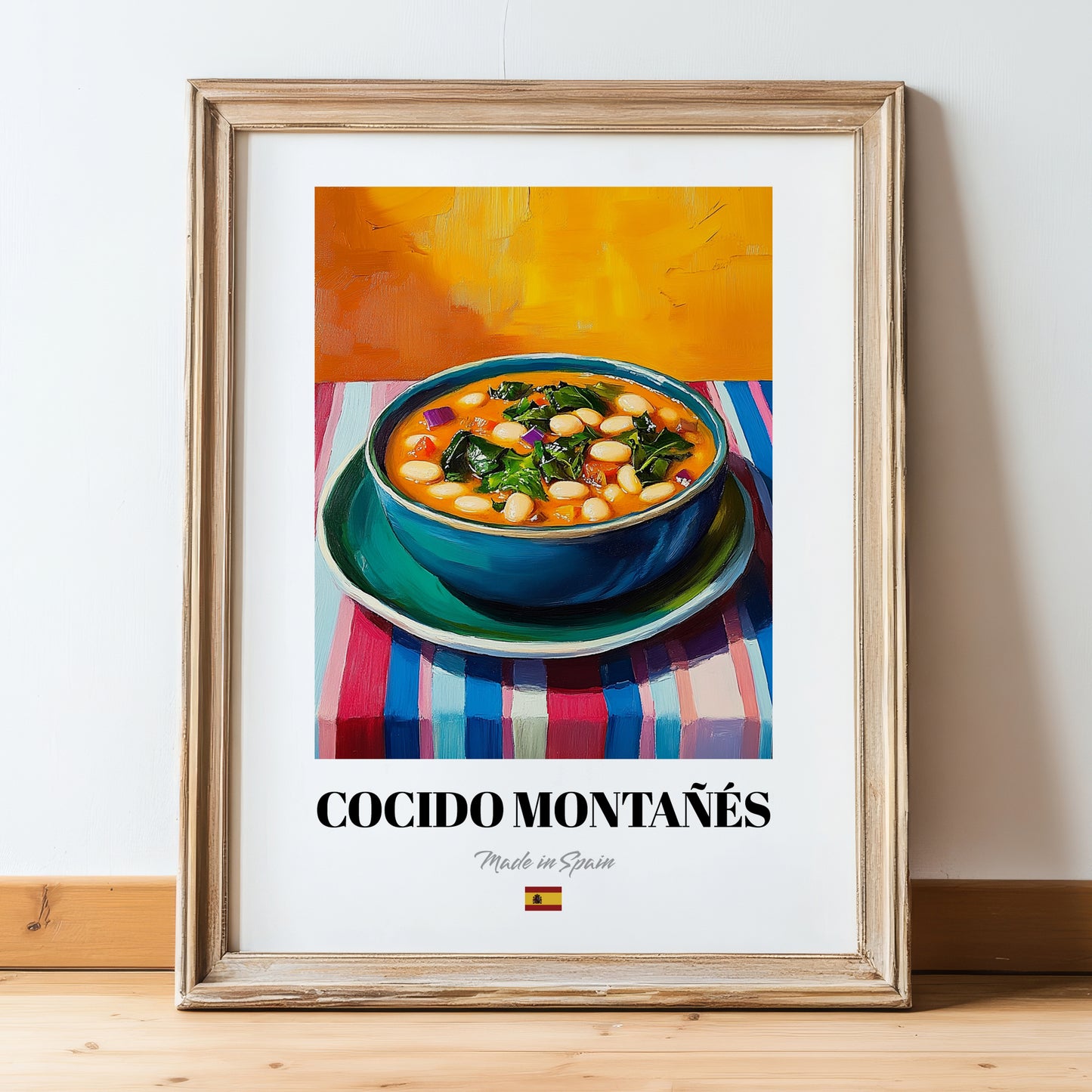 Cocido Montañés – Colorful Oil Painting, Spanish Food Still Life, in wooden frame leaning on the floor
