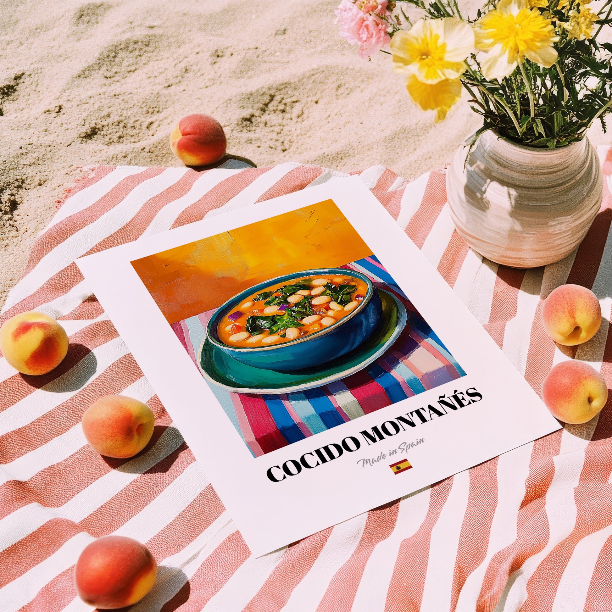 Cocido Montañés – Colorful Oil Painting, Spanish Food Still Life, unframed on coastal sand