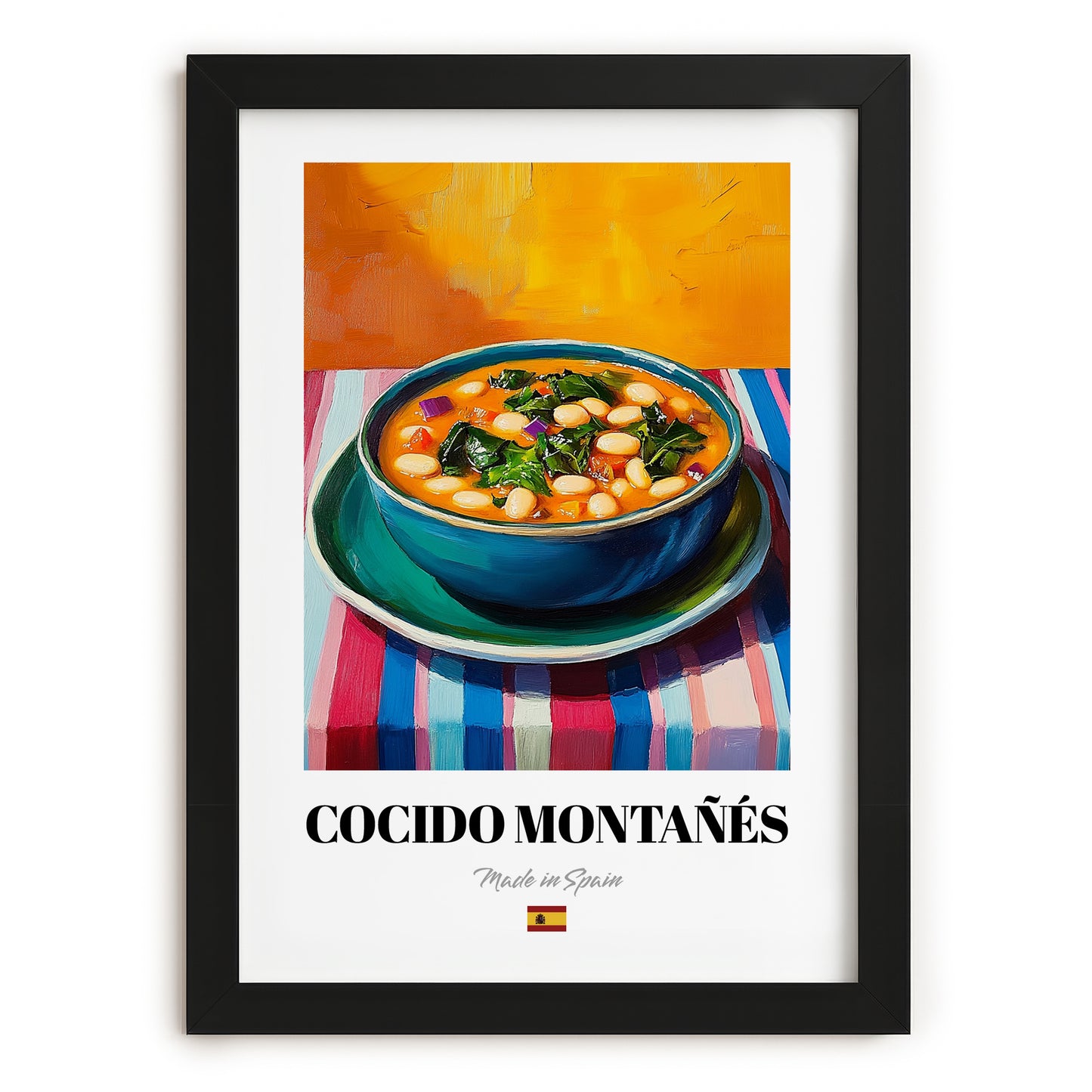 Cocido Montañés – Colorful Oil Painting, Spanish Food Still Life, in sleek black frame