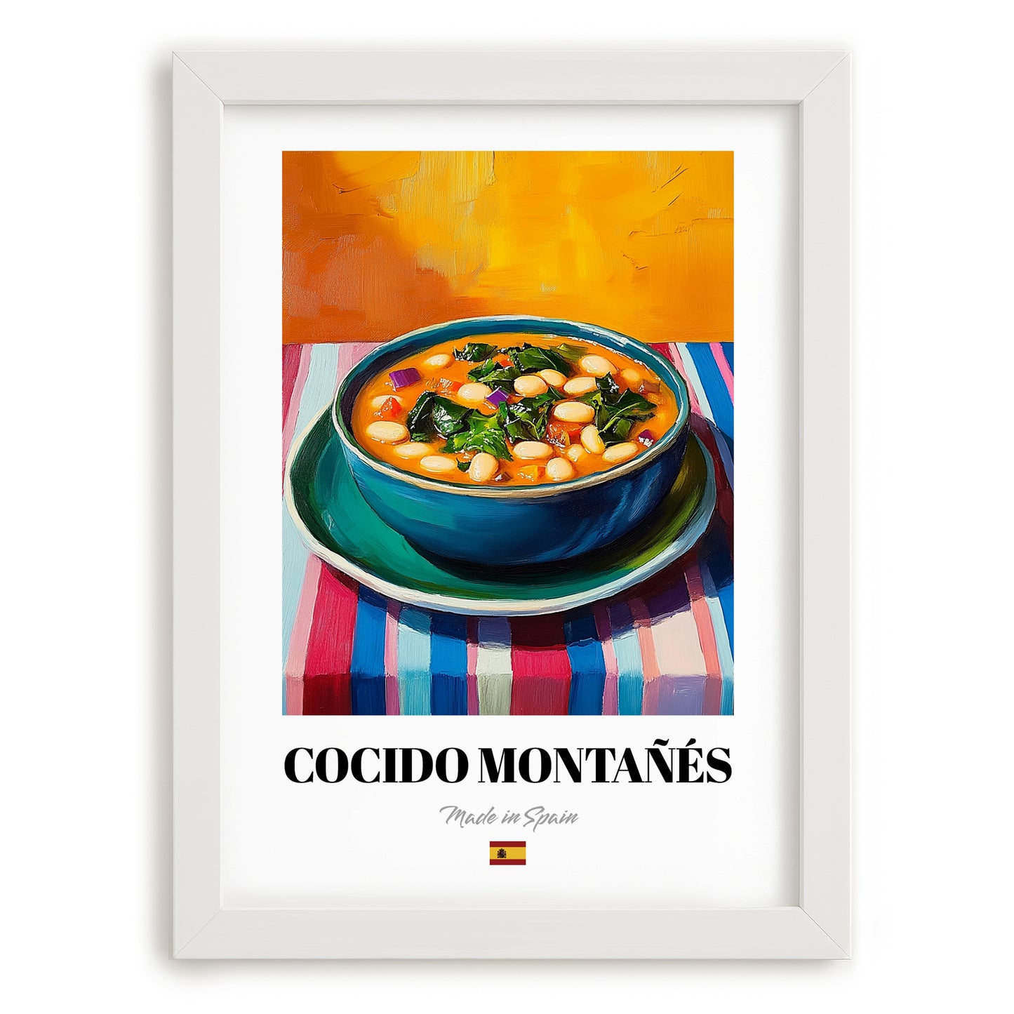 Cocido Montañés – Colorful Oil Painting, Spanish Food Still Life, placed in minimal white frame