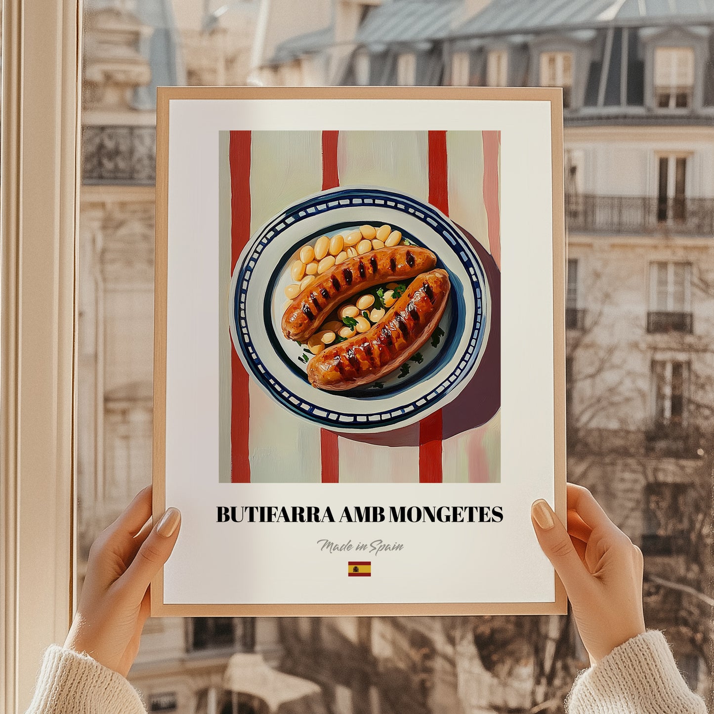 Butifarra amb Mongetes – on Striped Tablecloth, Spanish Food Wall Decor, styled in a charming Paris street view