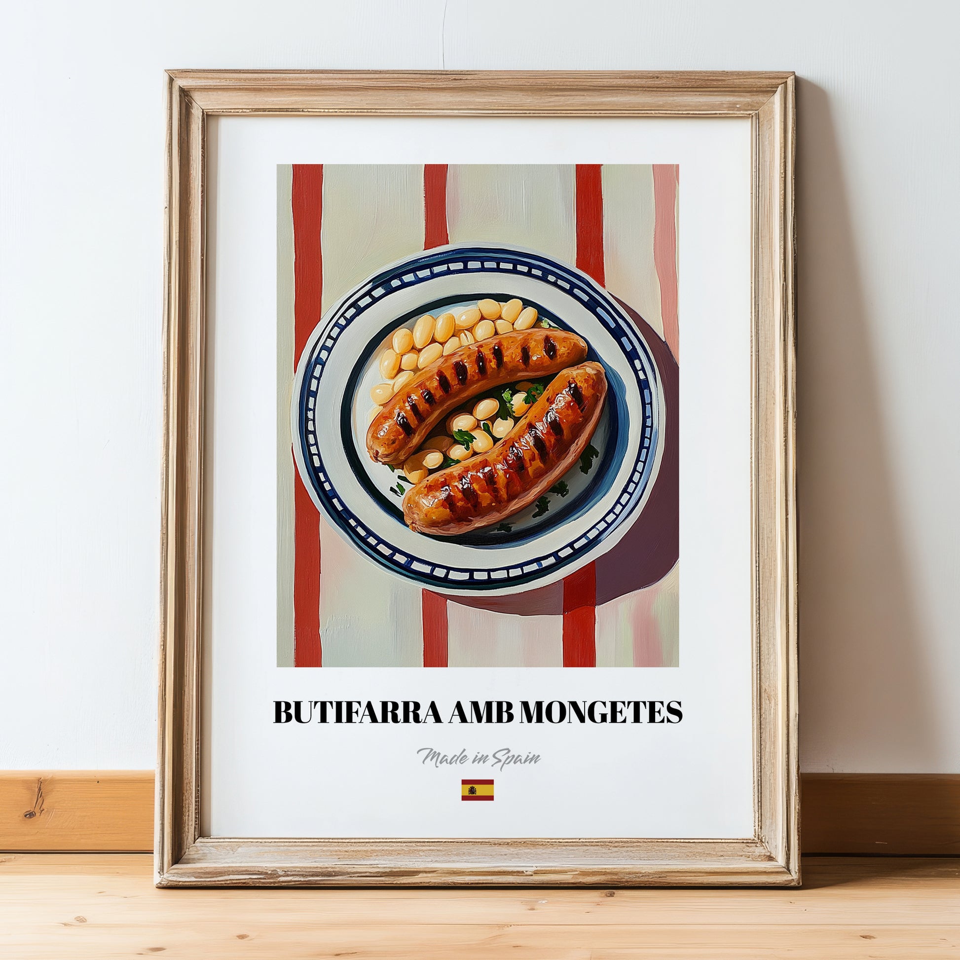 Butifarra amb Mongetes – on Striped Tablecloth, Spanish Food Wall Decor, in wooden frame leaning on the floor