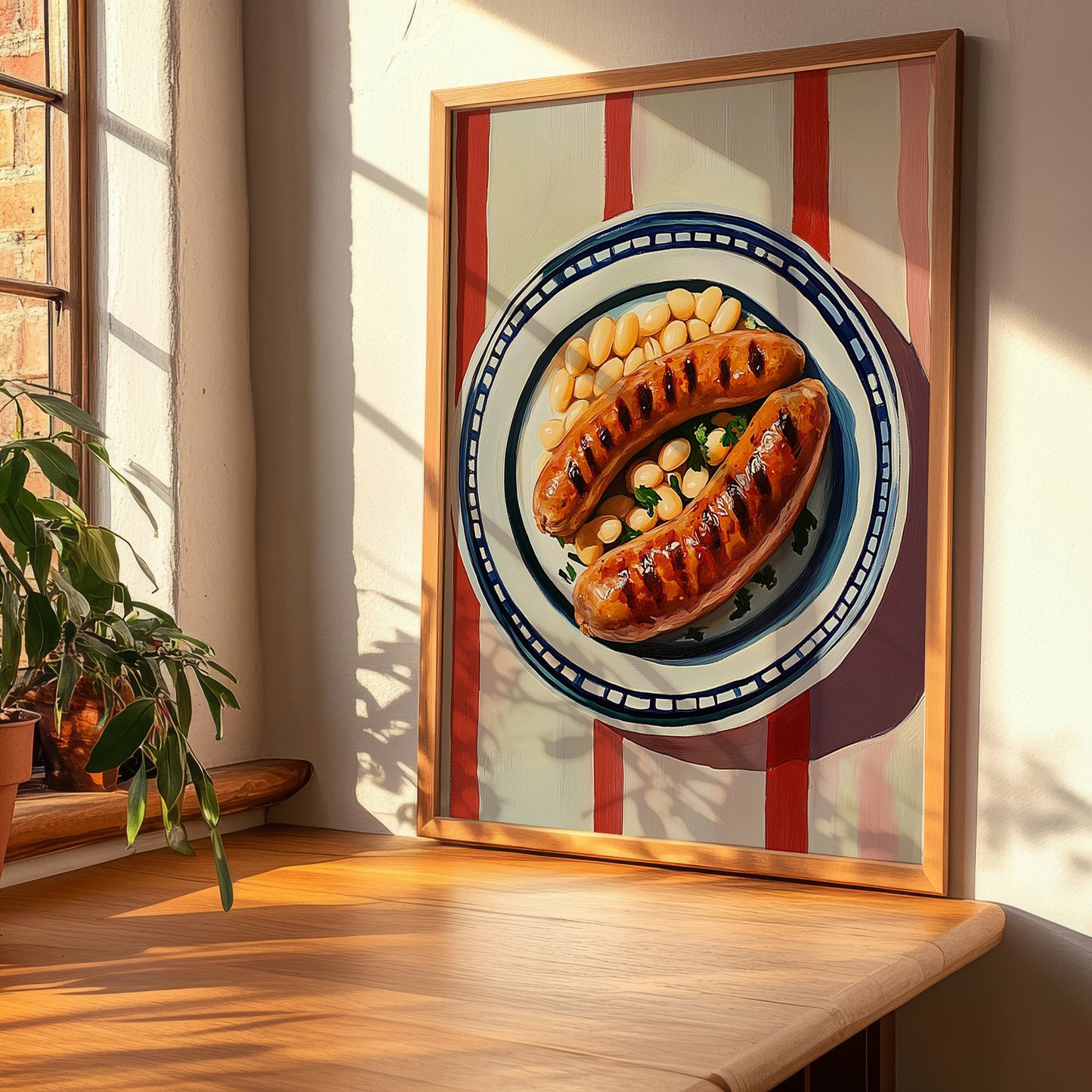 Butifarra amb Mongetes – on Striped Tablecloth, Spanish Food Wall Decor, clean layout with no caption