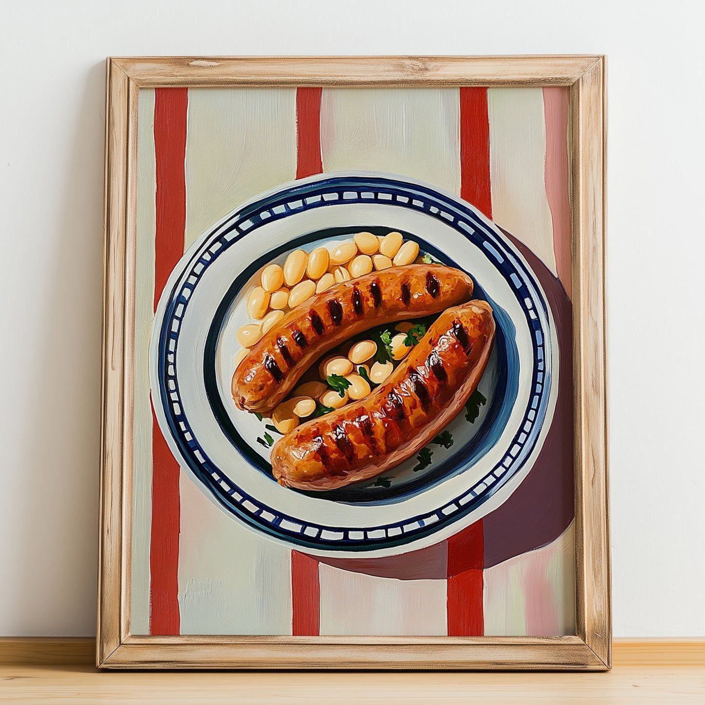 Butifarra amb Mongetes – on Striped Tablecloth, Spanish Food Wall Decor, no-text version framed in wood
