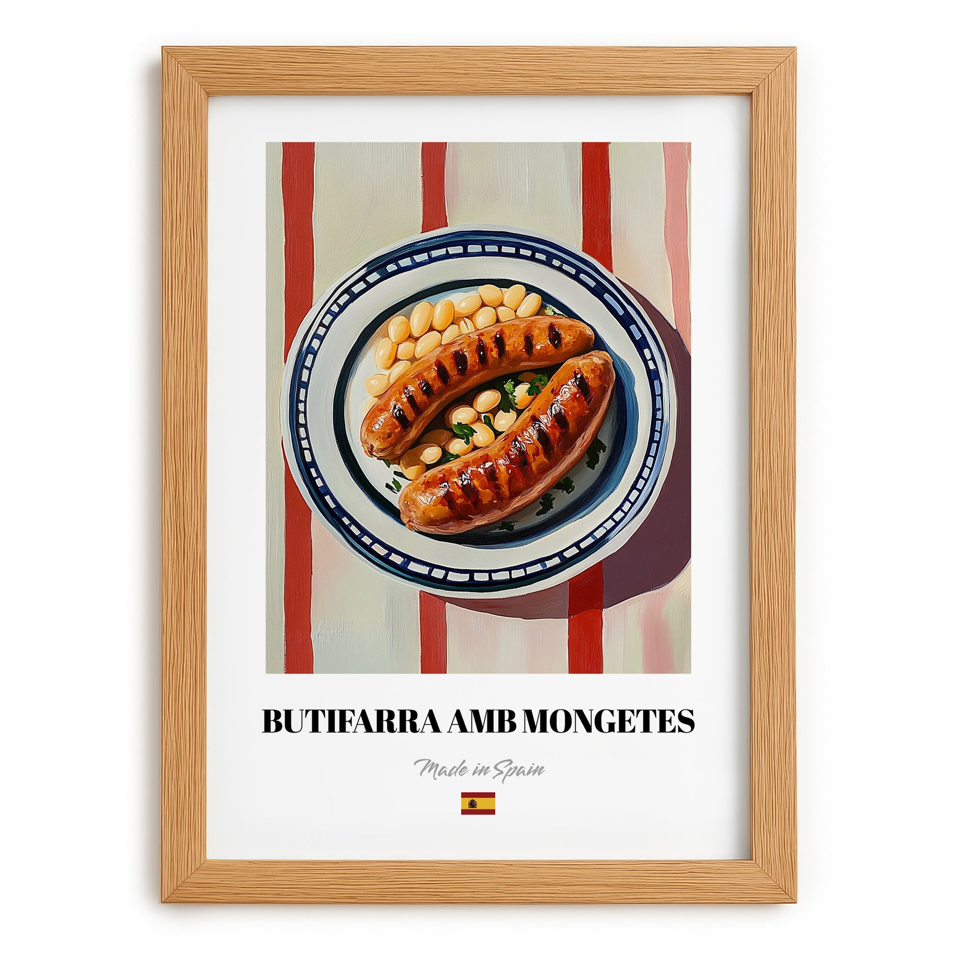 Butifarra amb Mongetes – on Striped Tablecloth, Spanish Food Wall Decor, set in oak frame