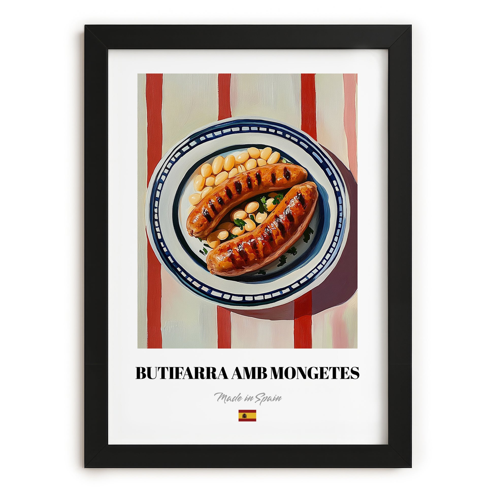 Butifarra amb Mongetes – on Striped Tablecloth, Spanish Food Wall Decor, in sleek black frame