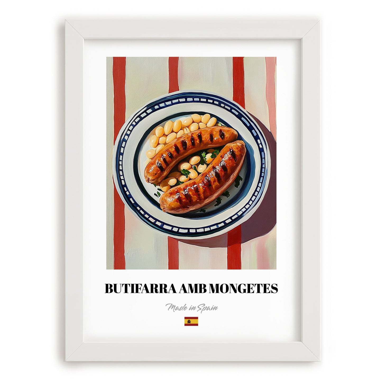 Butifarra amb Mongetes – on Striped Tablecloth, Spanish Food Wall Decor, placed in minimal white frame