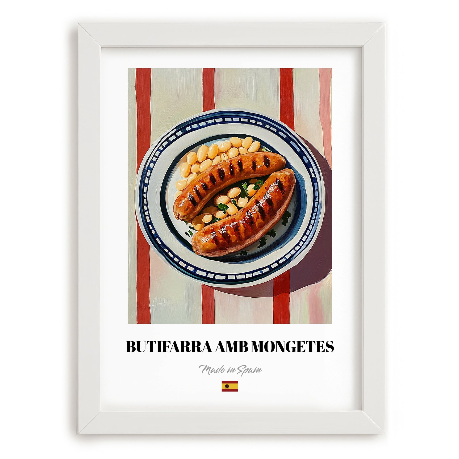 Butifarra amb Mongetes – on Striped Tablecloth, Spanish Food Wall Decor, placed in minimal white frame