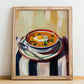 Sopa de Ajo – on Striped Tablecloth, Spanish Food Poster, no-text version framed in wood
