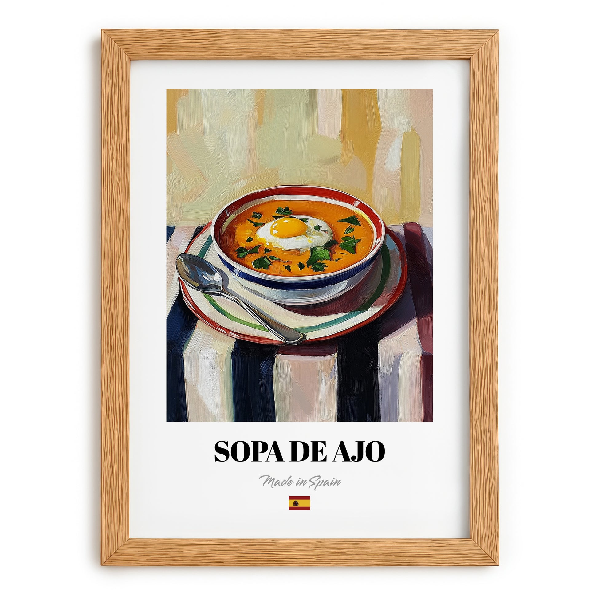 Sopa de Ajo – on Striped Tablecloth, Spanish Food Poster, set in oak frame