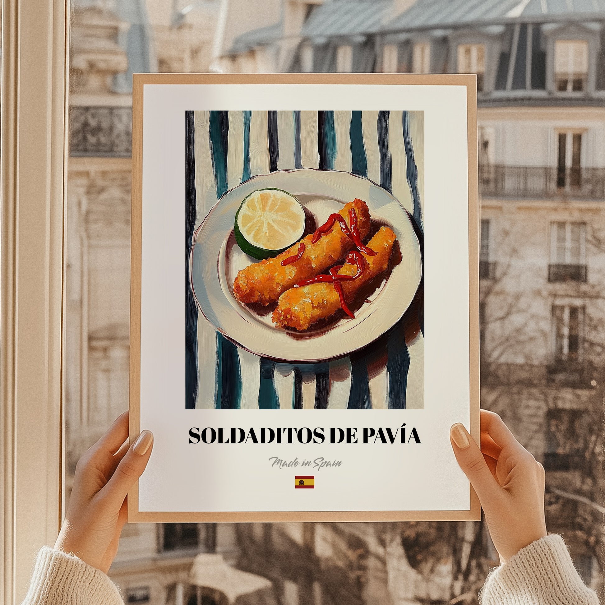 Soldaditos de Pavía – on Striped Tablecloth, Spanish Food Still Life, styled in a charming Paris street view