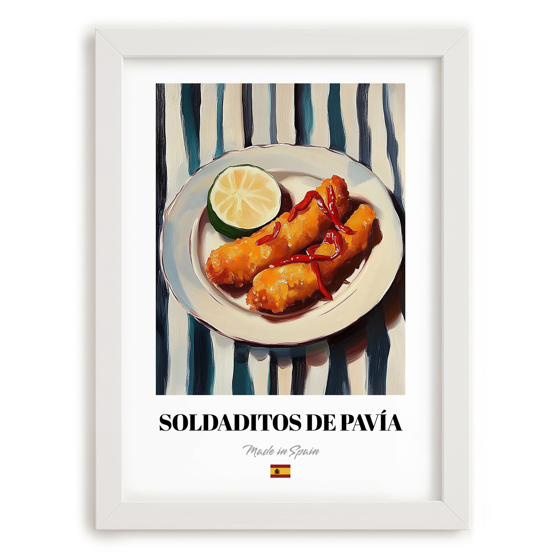 Soldaditos de Pavía – on Striped Tablecloth, Spanish Food Still Life, placed in minimal white frame