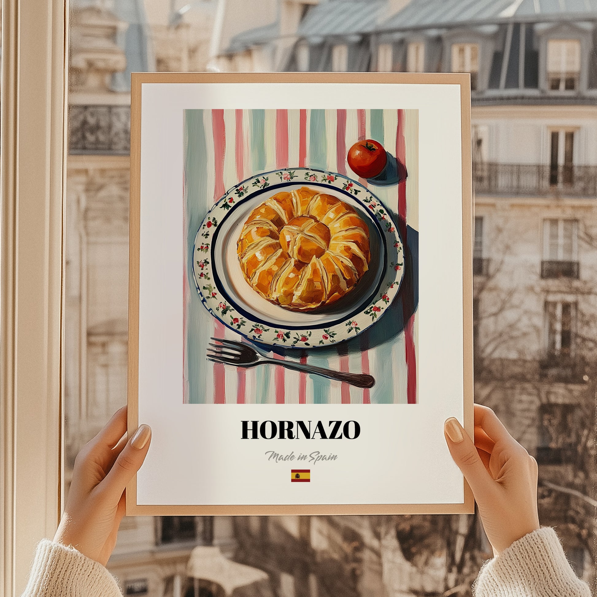 Hornazo – on Striped Tablecloth, Spanish Food Wall Decor, styled in a charming Paris street view