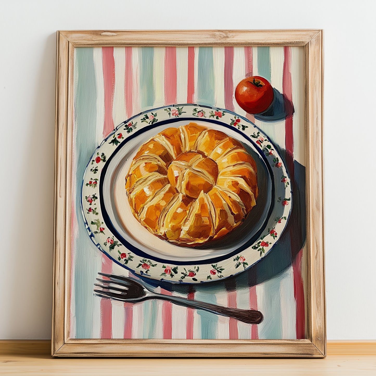Hornazo – on Striped Tablecloth, Spanish Food Wall Decor, no-text version framed in wood