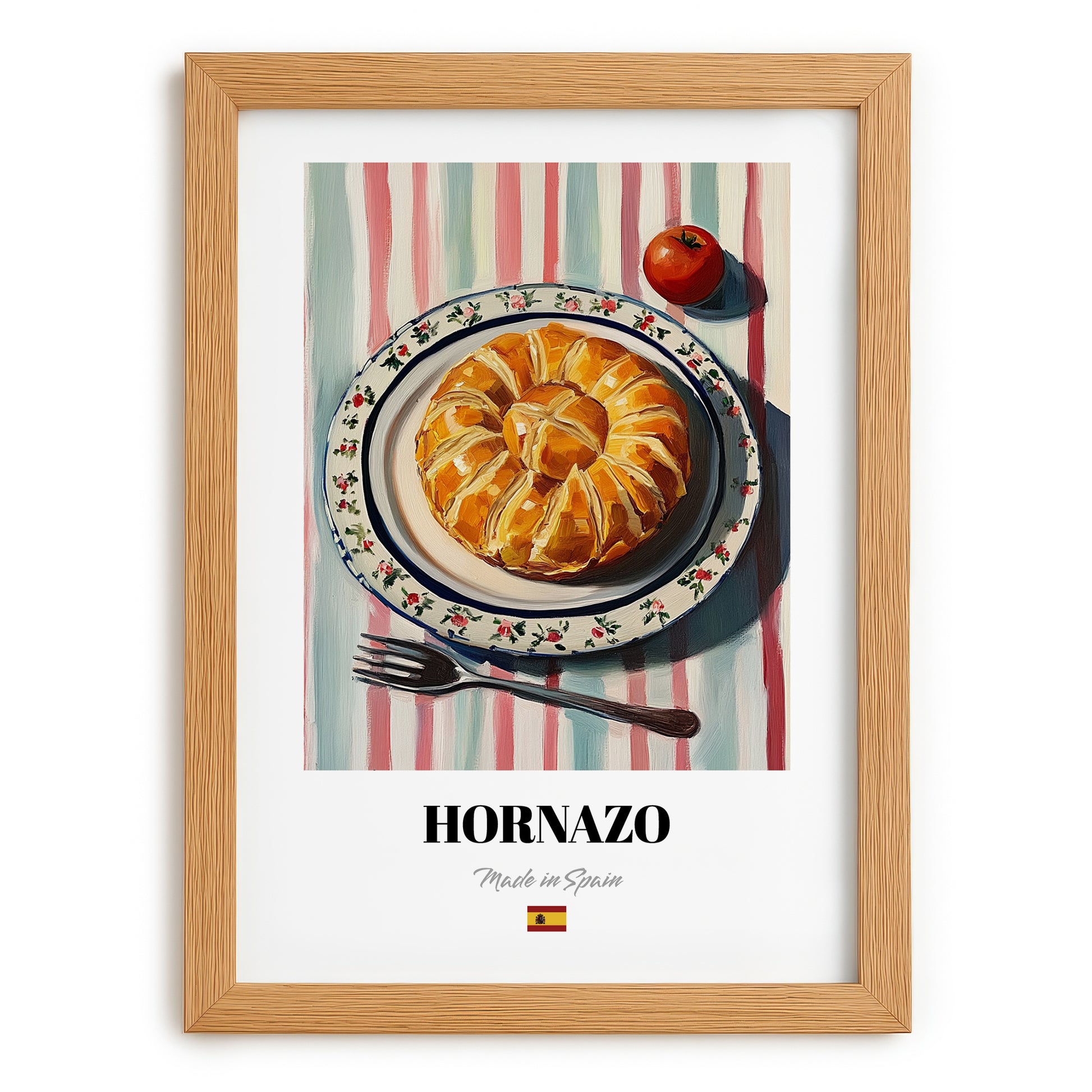 Hornazo – on Striped Tablecloth, Spanish Food Wall Decor, set in oak frame