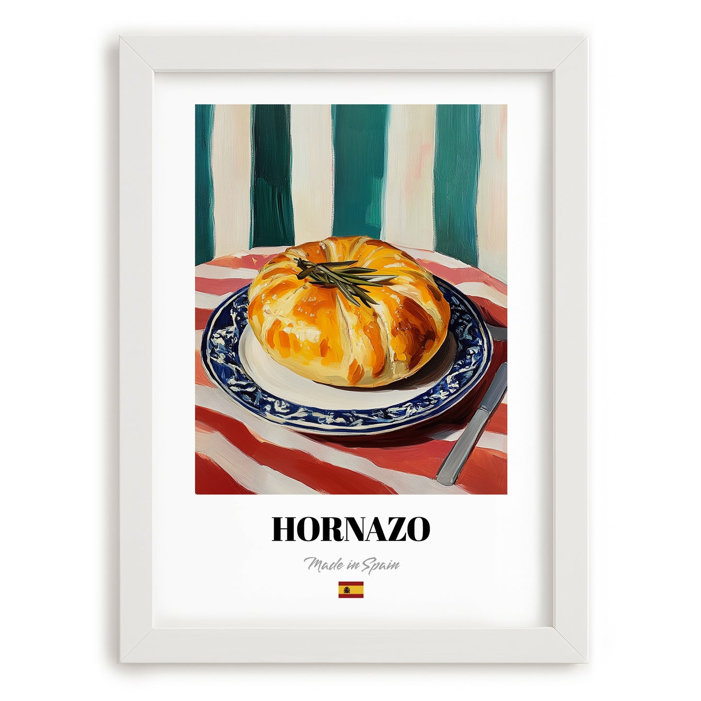 Hornazo – Colorful Oil Painting, Spanish Food Still Life, placed in minimal white frame