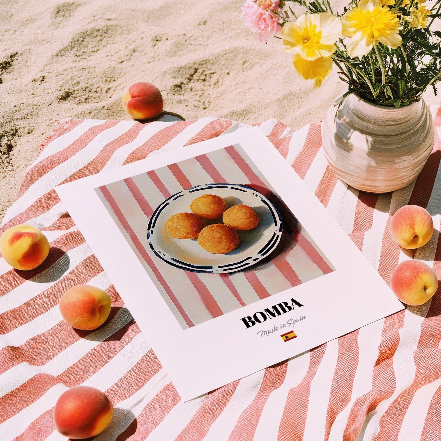 Bomba – on Striped Tablecloth, Spanish Food Art, unframed on coastal sand