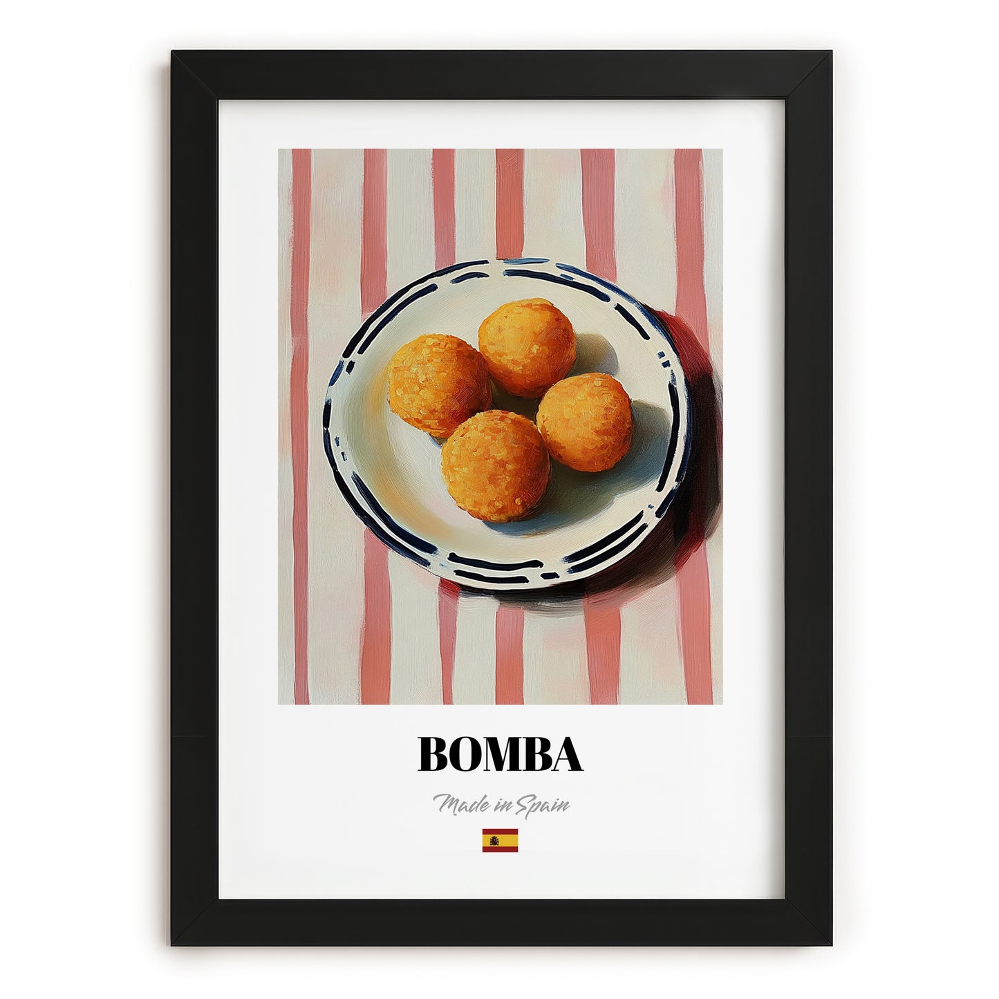 Bomba – on Striped Tablecloth, Spanish Food Art, in sleek black frame