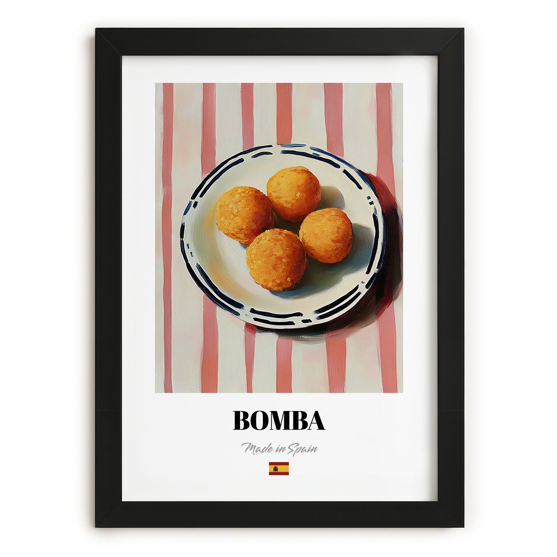 Bomba – on Striped Tablecloth, Spanish Food Art, in sleek black frame