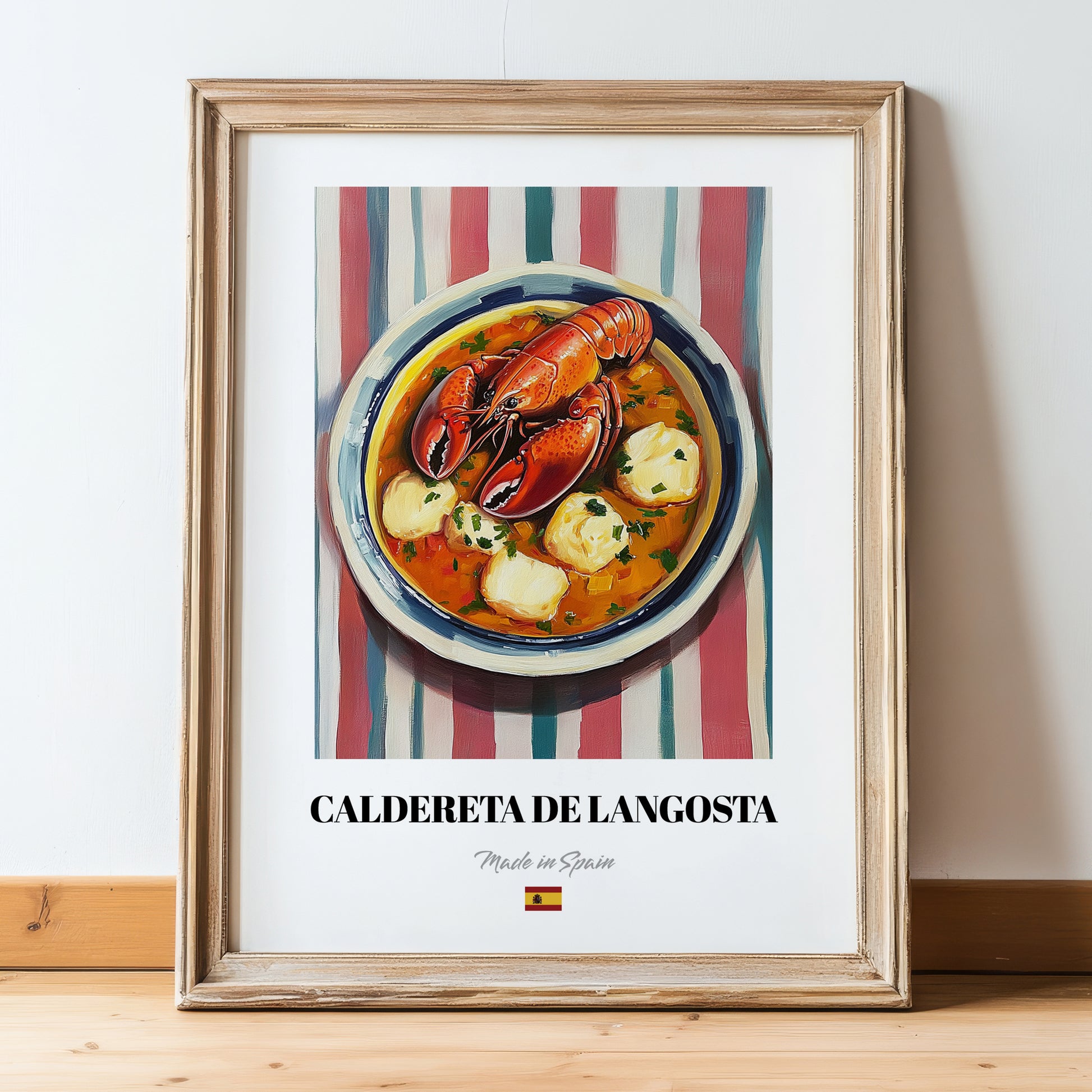 Caldereta de Langosta – on Striped Tablecloth, Spanish Food Painting, in wooden frame leaning on the floor