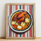 Caldereta de Langosta – on Striped Tablecloth, Spanish Food Painting, no-text version framed in wood