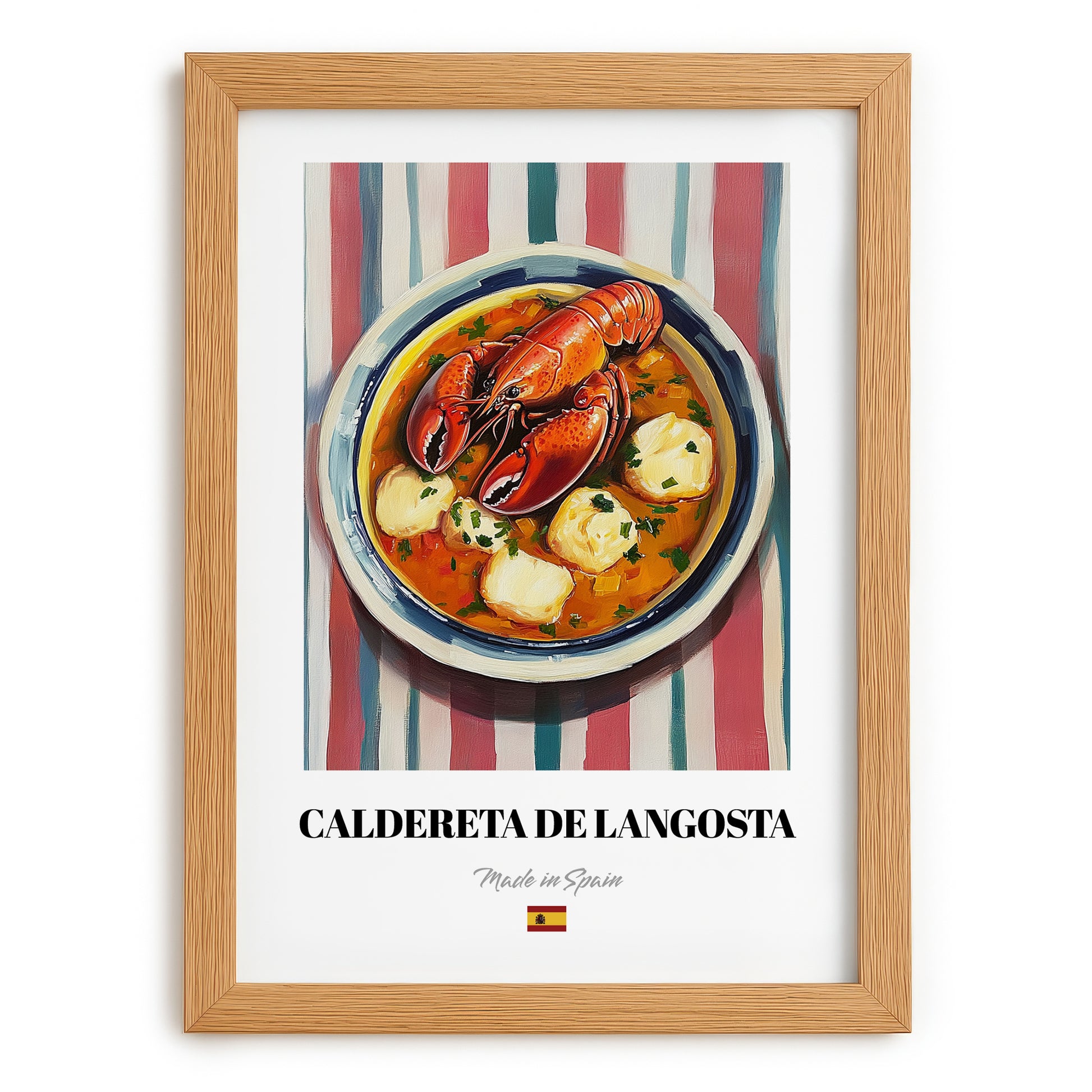 Caldereta de Langosta – on Striped Tablecloth, Spanish Food Painting, set in oak frame