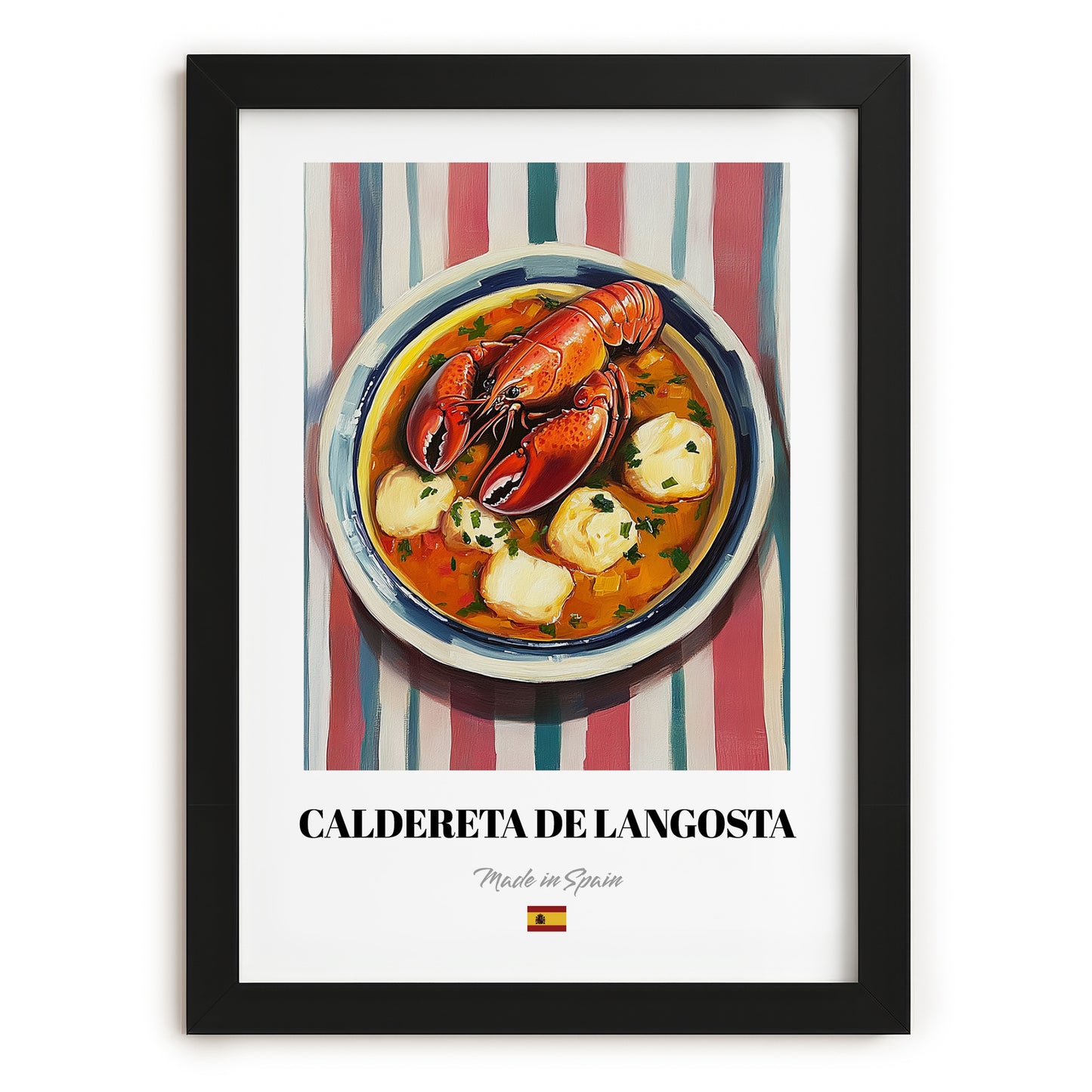 Caldereta de Langosta – on Striped Tablecloth, Spanish Food Painting, in sleek black frame