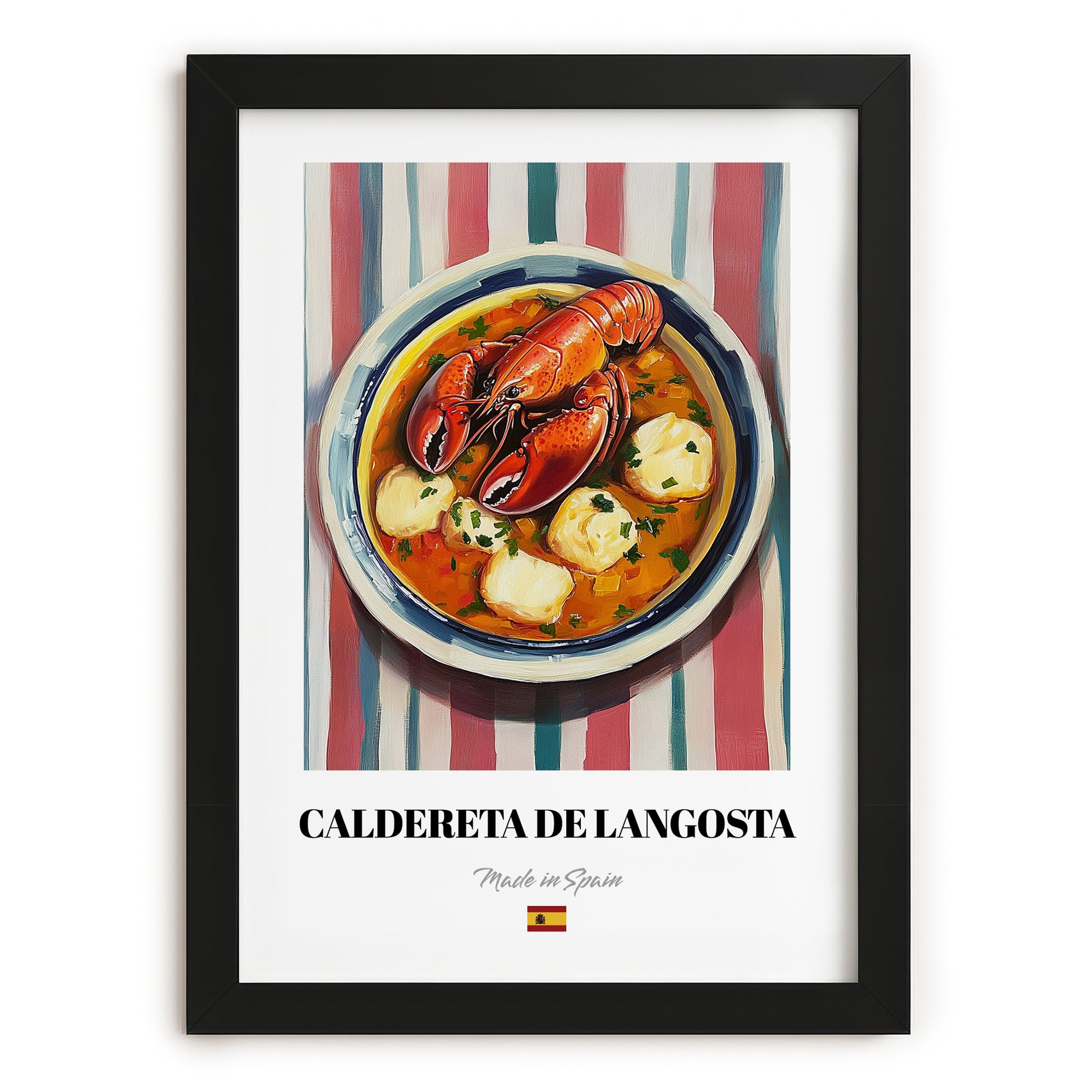 Caldereta de Langosta – on Striped Tablecloth, Spanish Food Painting, in sleek black frame