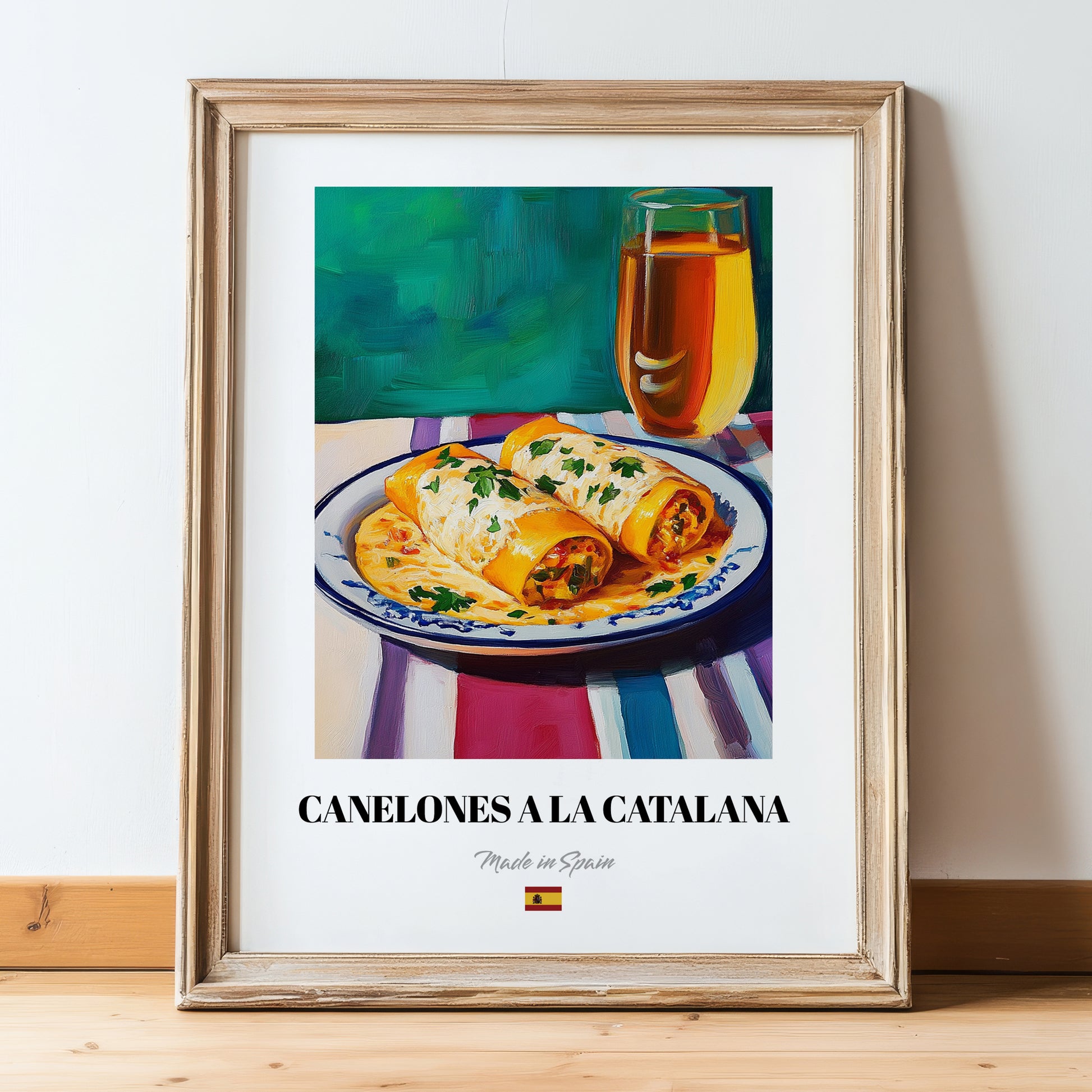 Canelones a la Catalana – Art, Spanish Pasta Wall Painting, in wooden frame leaning on the floor