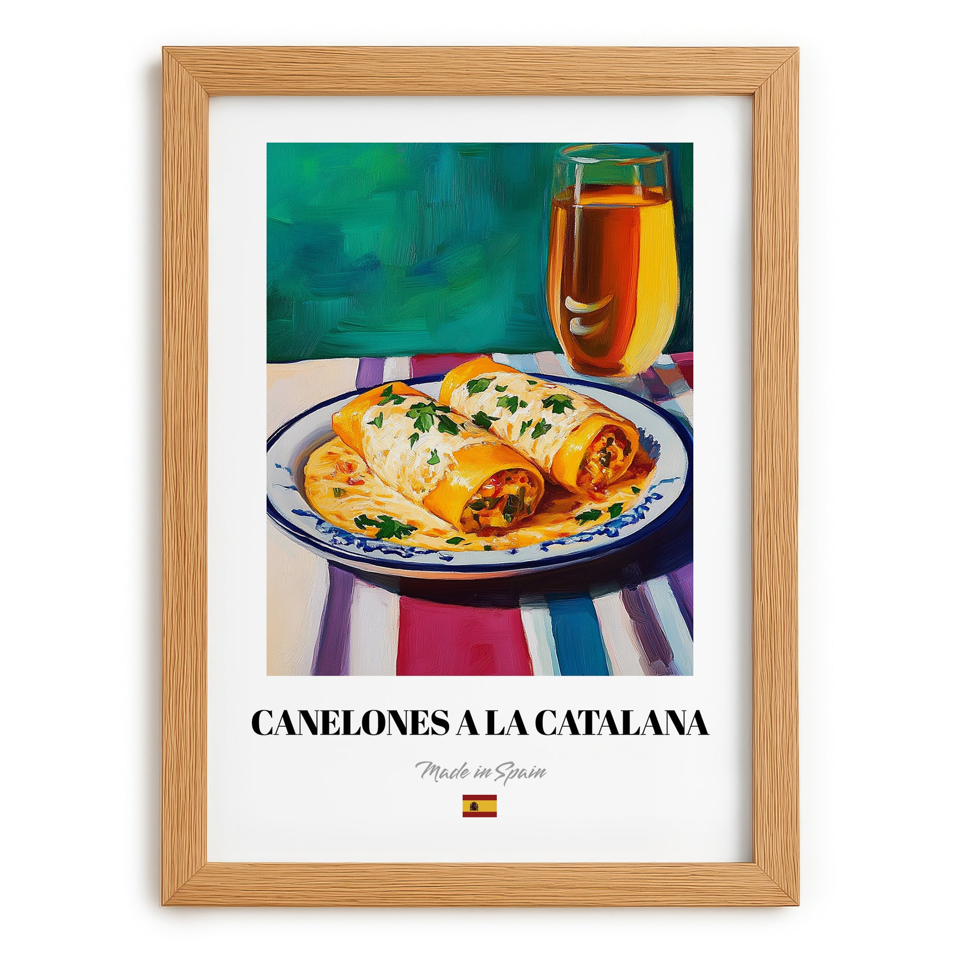 Canelones a la Catalana – Art, Spanish Pasta Wall Painting, set in oak frame