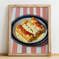 Canelones a la Catalana – on Striped Tablecloth, Spanish Pasta Still Life, no-text version framed in wood