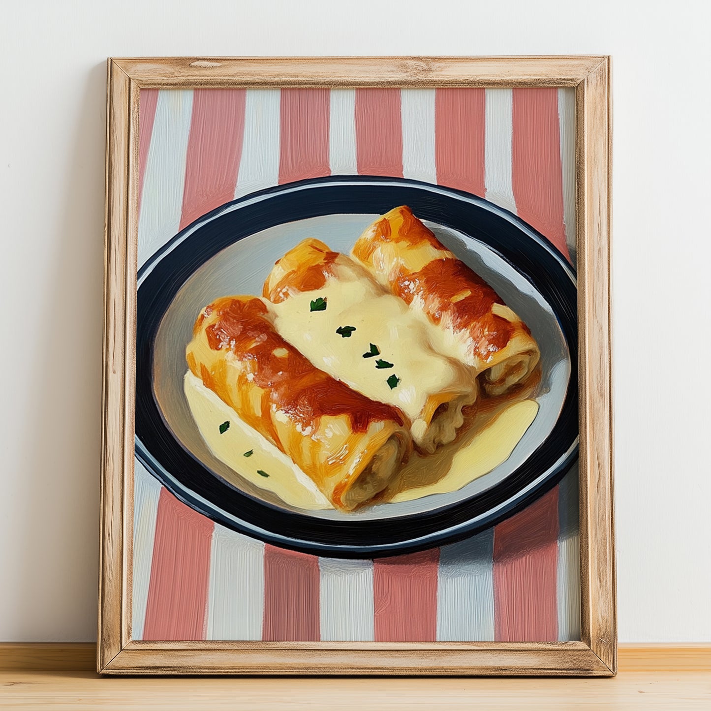 Canelones a la Catalana – on Striped Tablecloth, Spanish Pasta Still Life, no-text version framed in wood