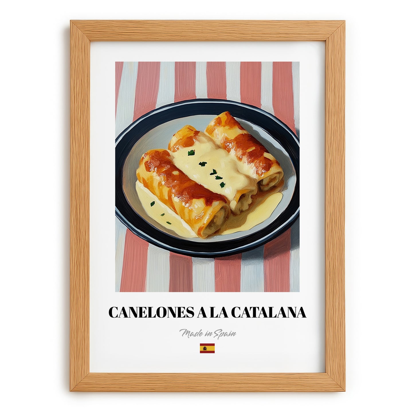 Canelones a la Catalana – on Striped Tablecloth, Spanish Pasta Still Life, set in oak frame