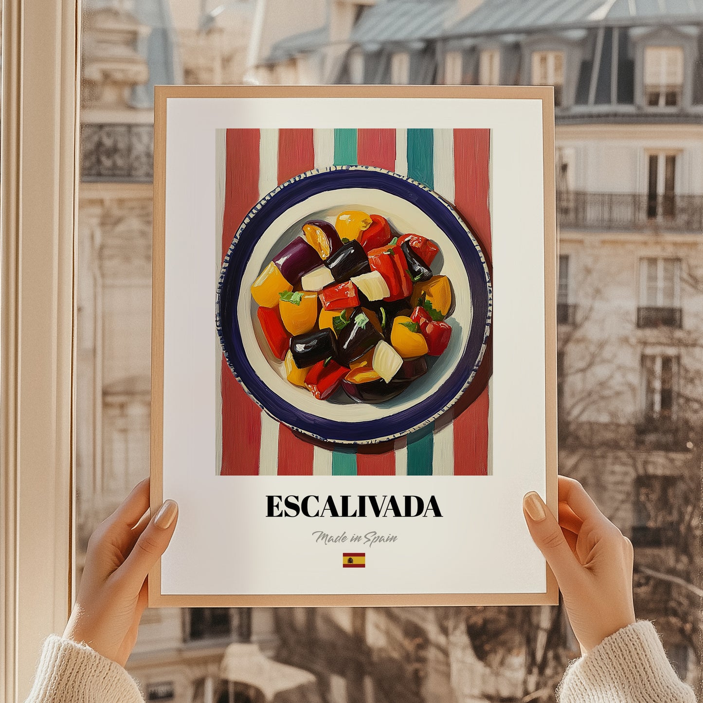Escalivada – on Striped Tablecloth, Spanish Food Print, styled in a charming Paris street view