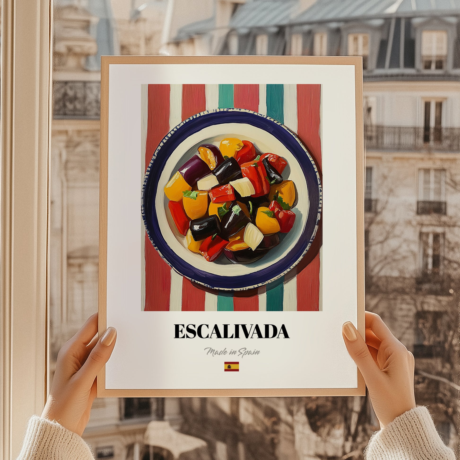 Escalivada – on Striped Tablecloth, Spanish Food Print, styled in a charming Paris street view