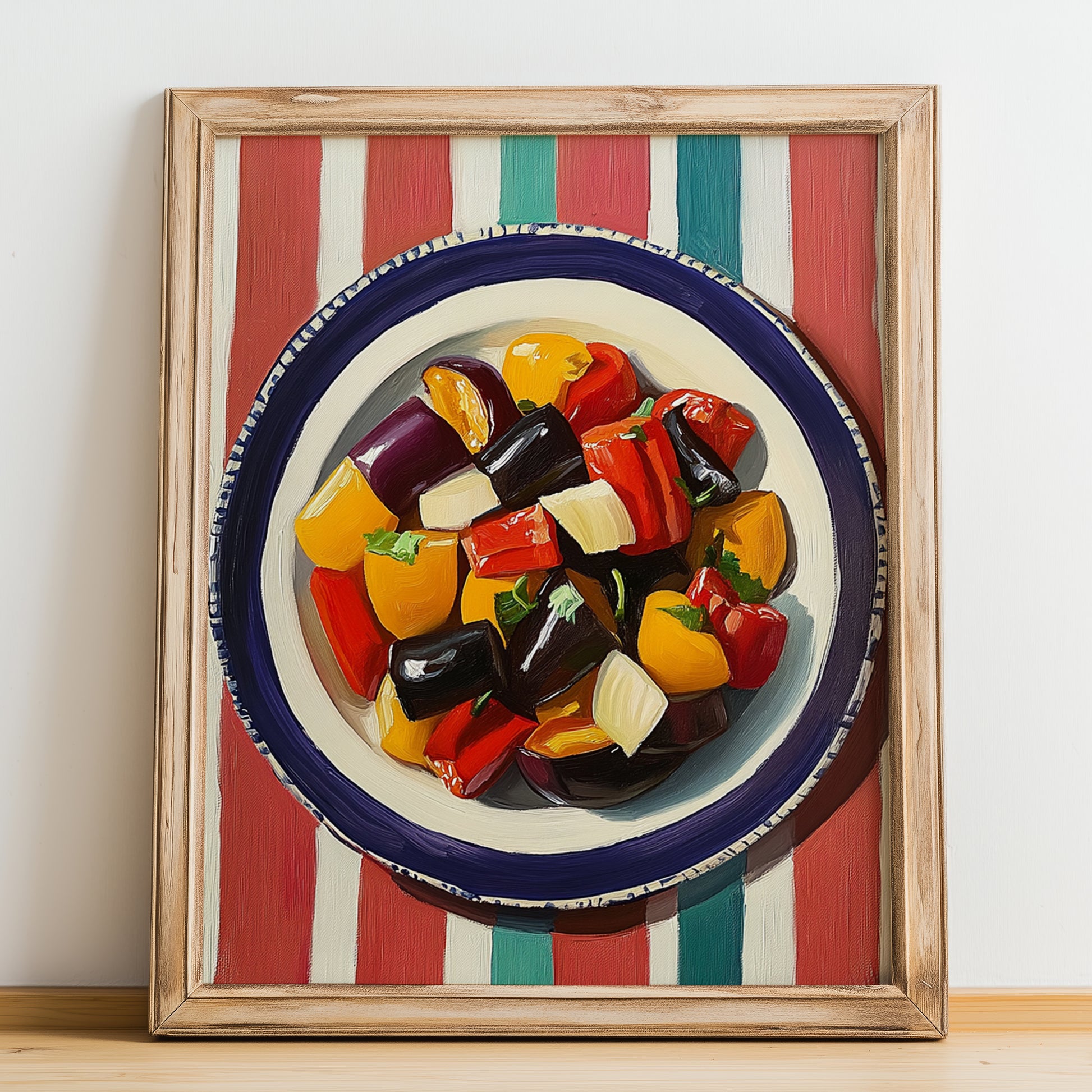 Escalivada – on Striped Tablecloth, Spanish Food Print, no-text version framed in wood