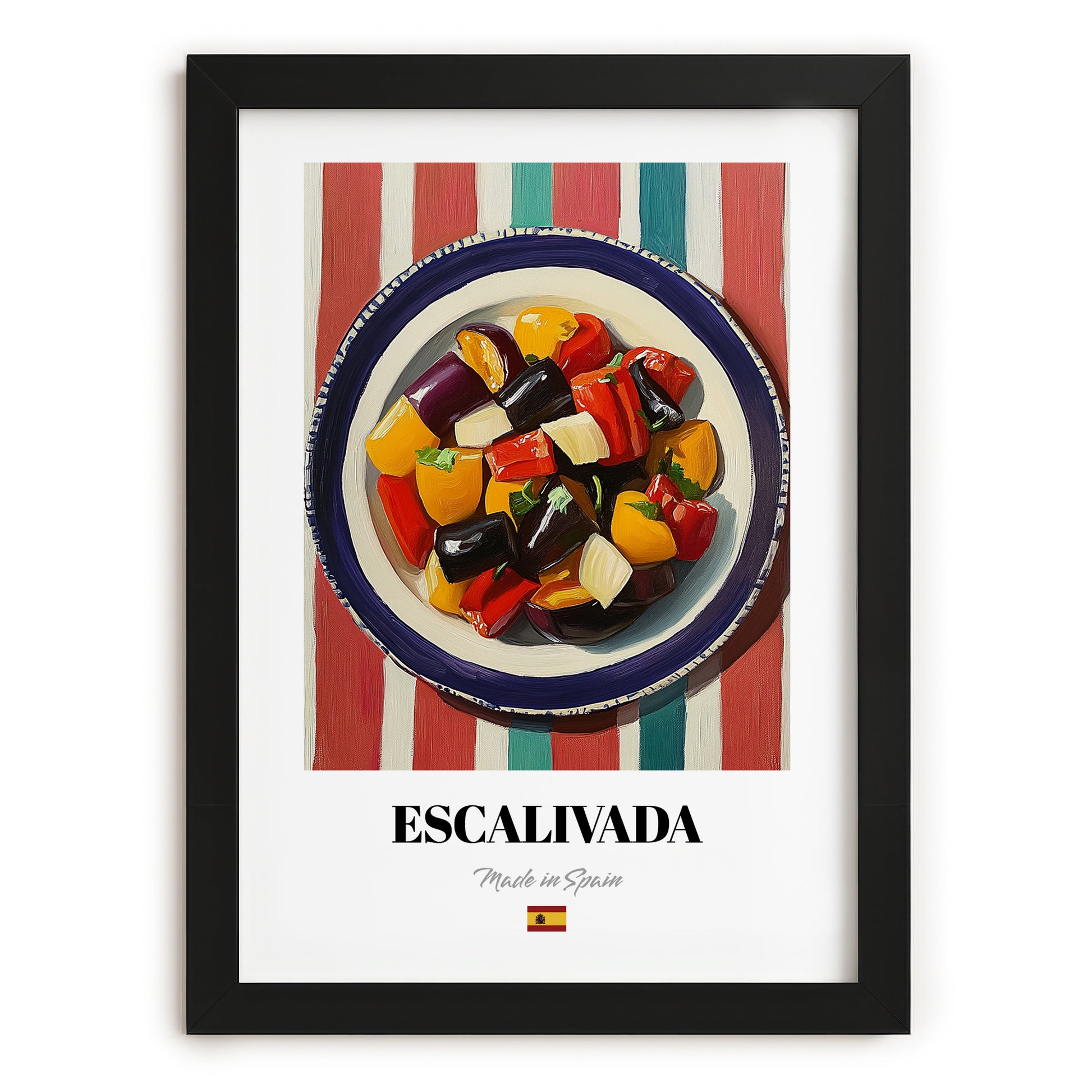 Escalivada – on Striped Tablecloth, Spanish Food Print, in sleek black frame