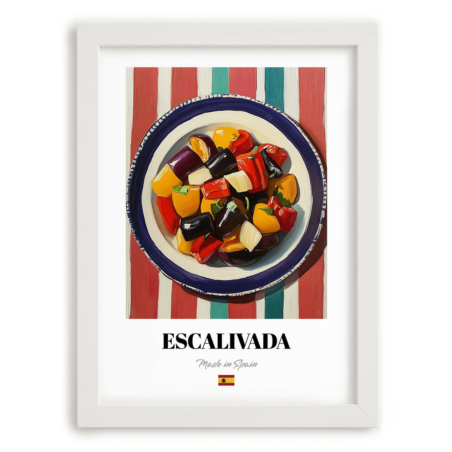 Escalivada – on Striped Tablecloth, Spanish Food Print, placed in minimal white frame