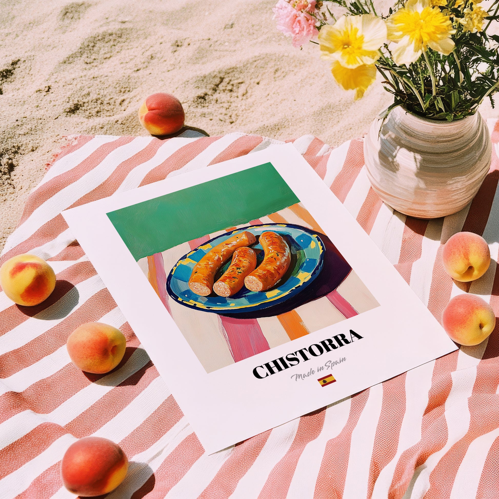 Chistorra – Oil Painting, Spanish Food Illustration, unframed on coastal sand