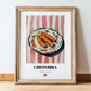 Chistorra – on Striped Tablecloth, Spanish Food Painting, in wooden frame leaning on the floor