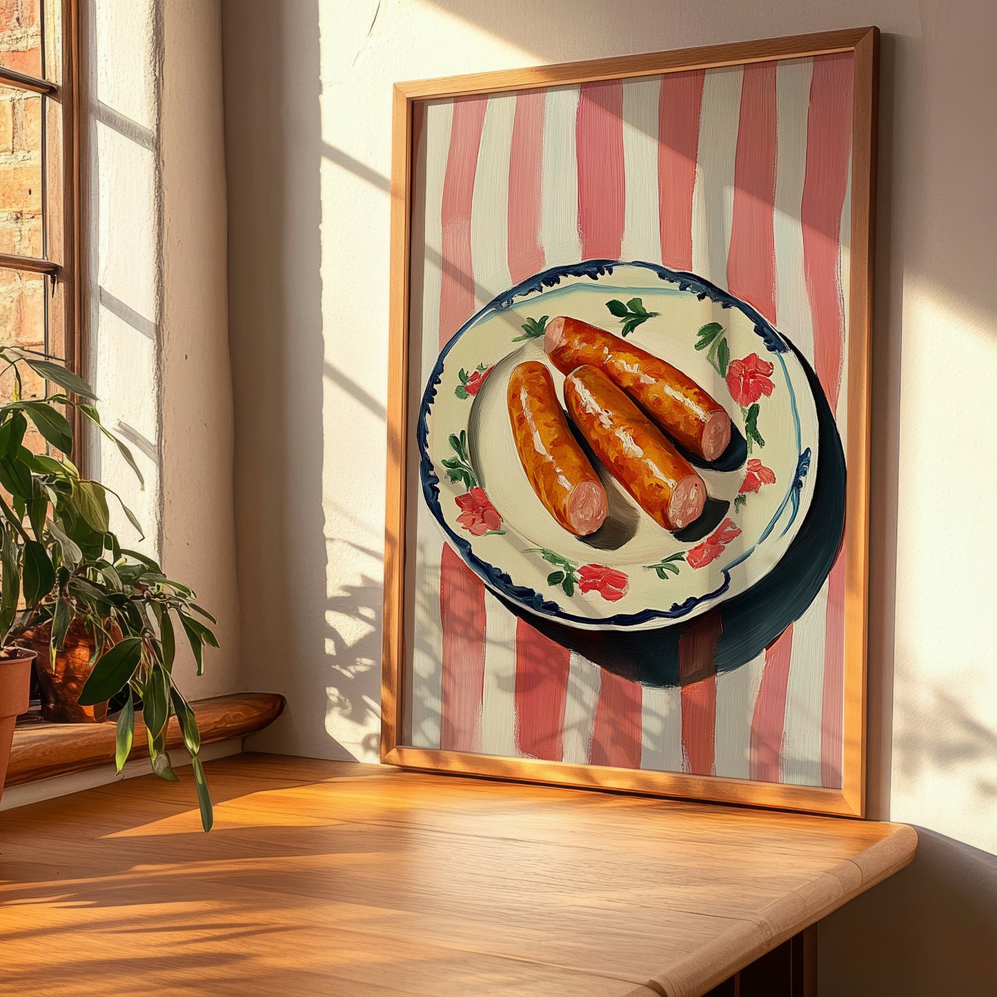 Chistorra – on Striped Tablecloth, Spanish Food Painting, clean layout with no caption