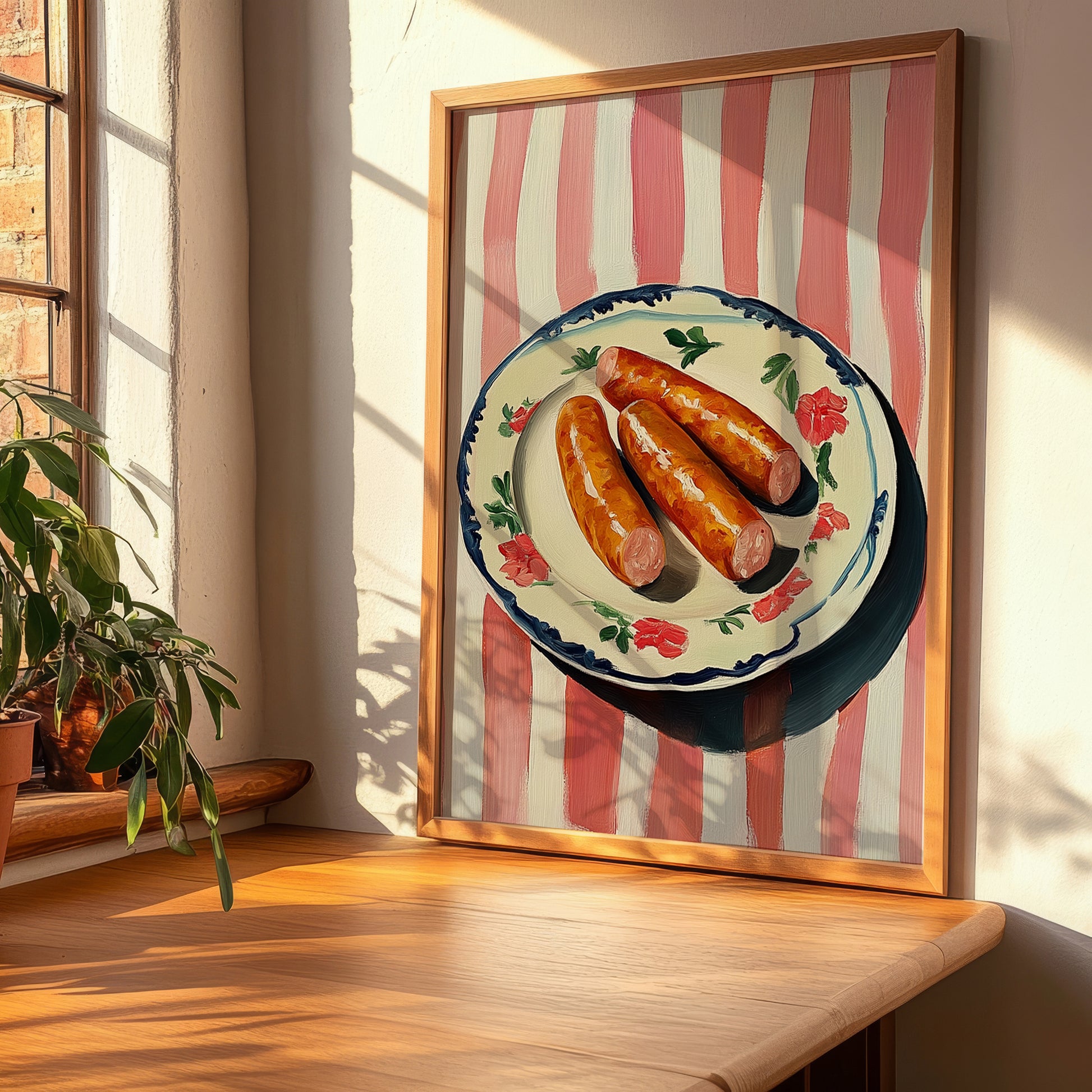 Chistorra – on Striped Tablecloth, Spanish Food Painting, clean layout with no caption