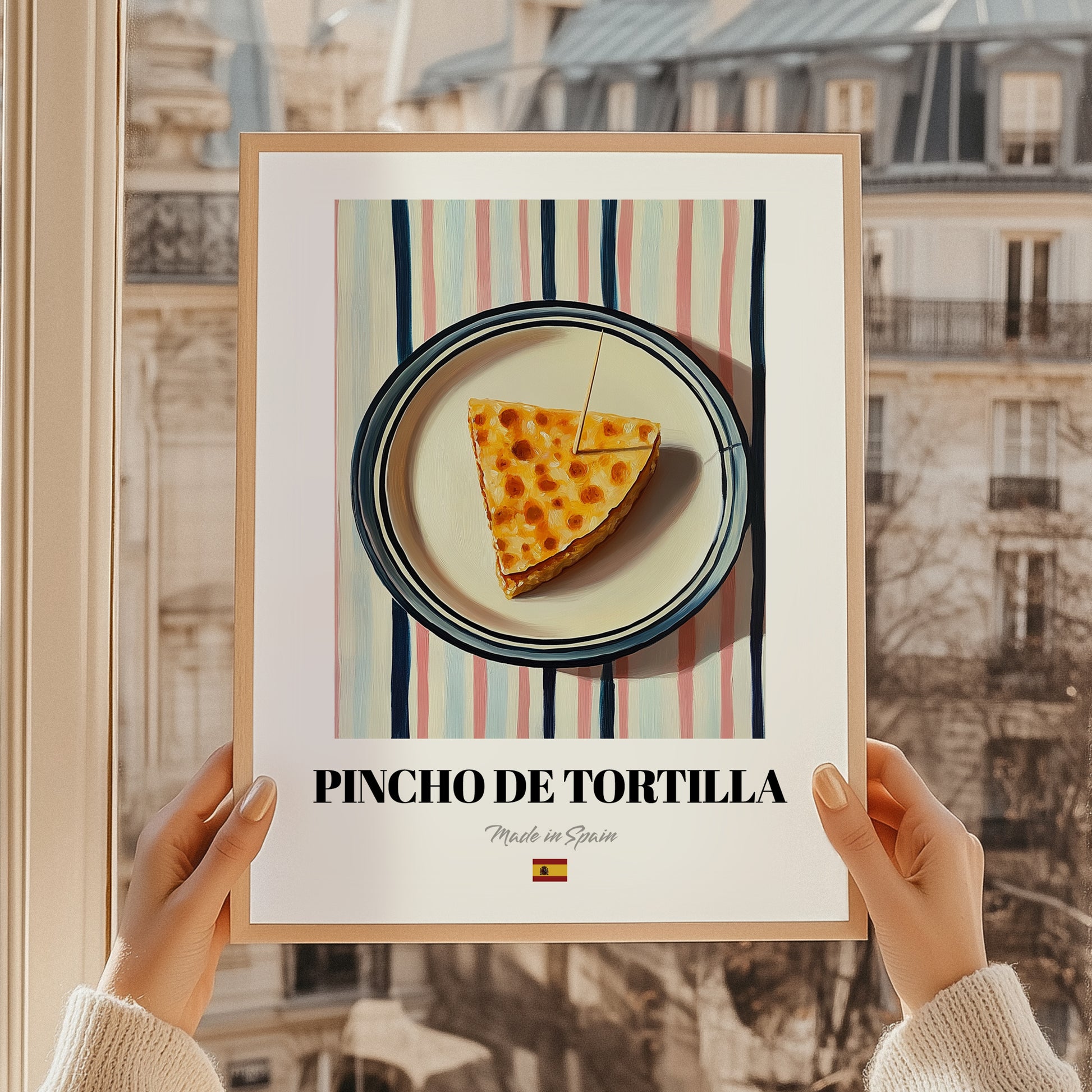 Pincho de Tortilla – on Striped Tablecloth, Spanish Food Painting, styled in a charming Paris street view
