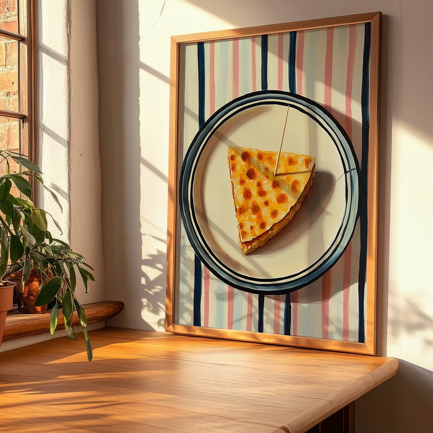 Pincho de Tortilla – on Striped Tablecloth, Spanish Food Painting, clean layout with no caption