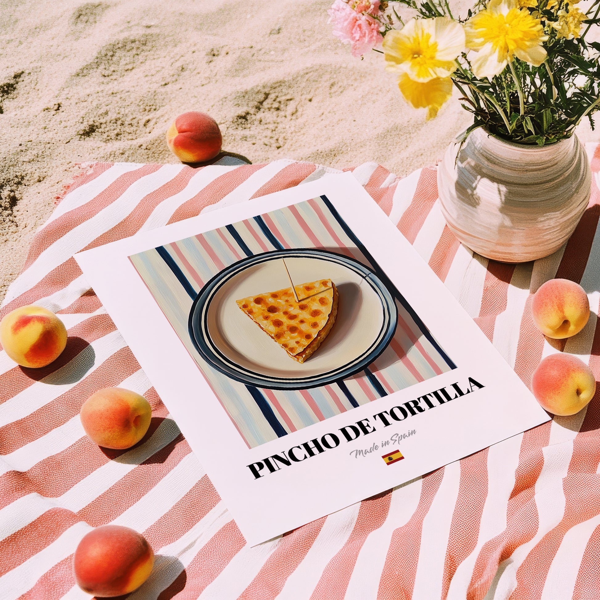 Pincho de Tortilla – on Striped Tablecloth, Spanish Food Painting, unframed on coastal sand