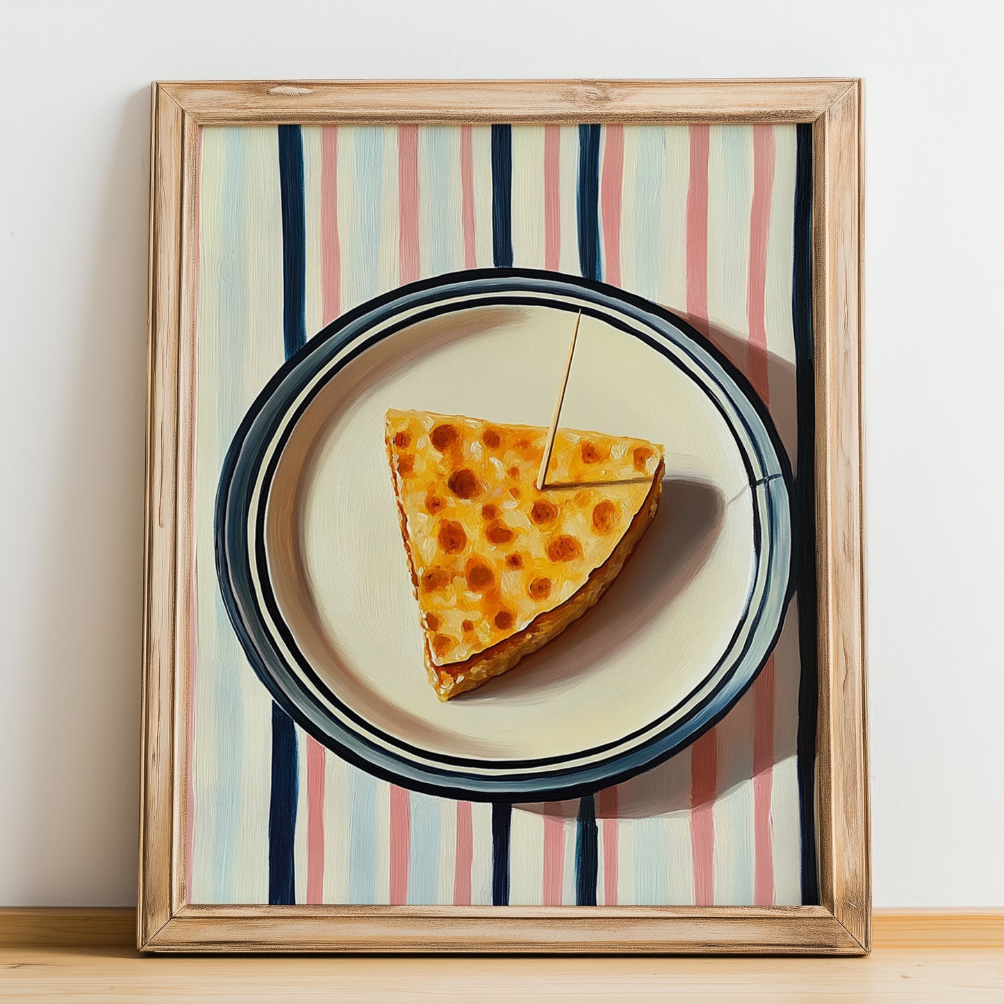 Pincho de Tortilla – on Striped Tablecloth, Spanish Food Painting, no-text version framed in wood
