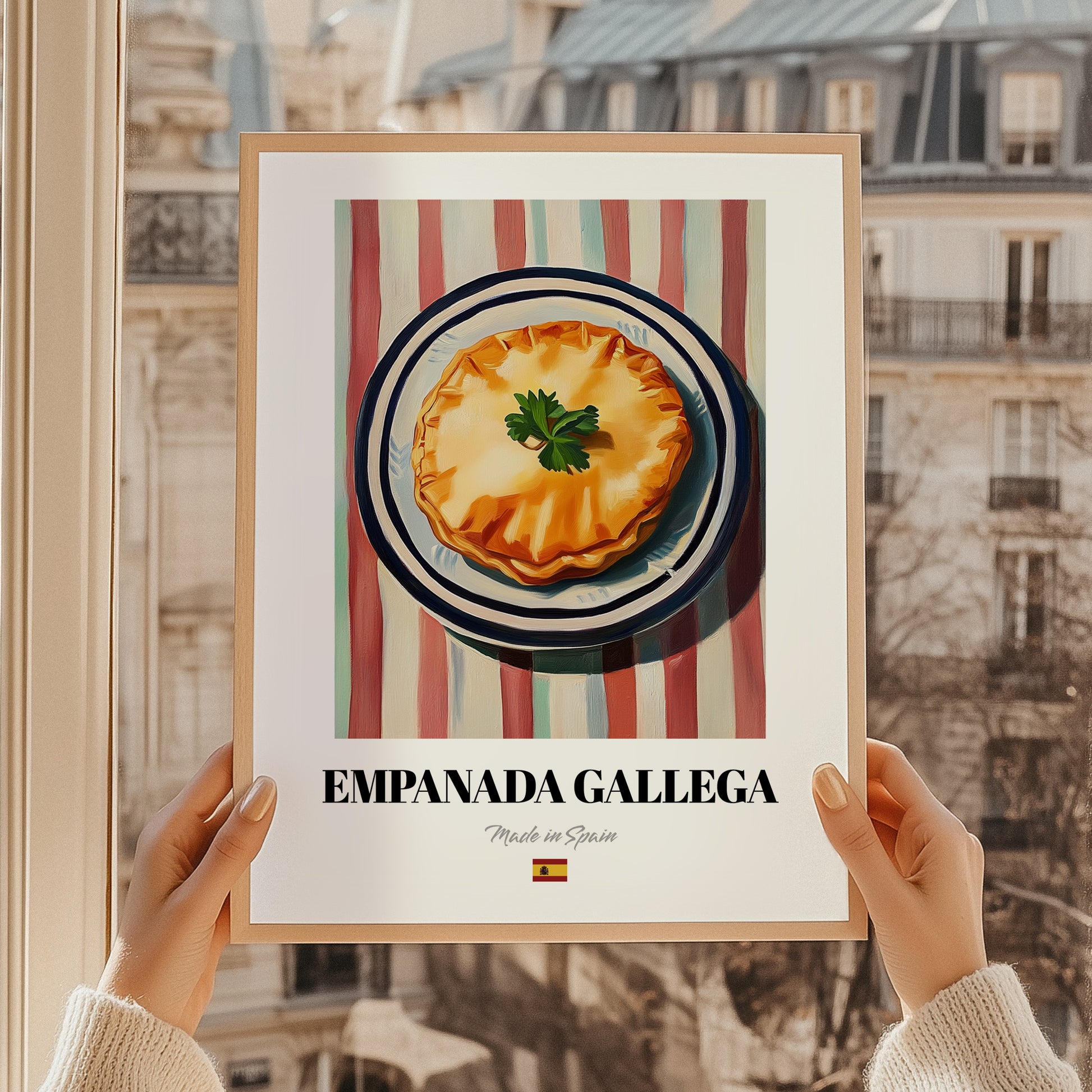 Empanada Gallega – on Striped Tablecloth, Spanish Pastry Painting, styled in a charming Paris street view