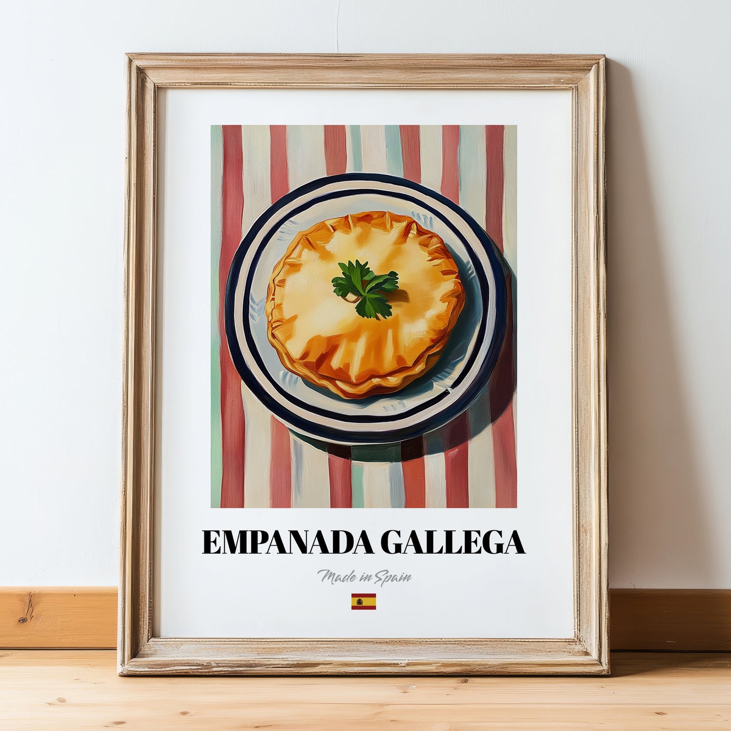 Empanada Gallega – on Striped Tablecloth, Spanish Pastry Painting, in wooden frame leaning on the floor