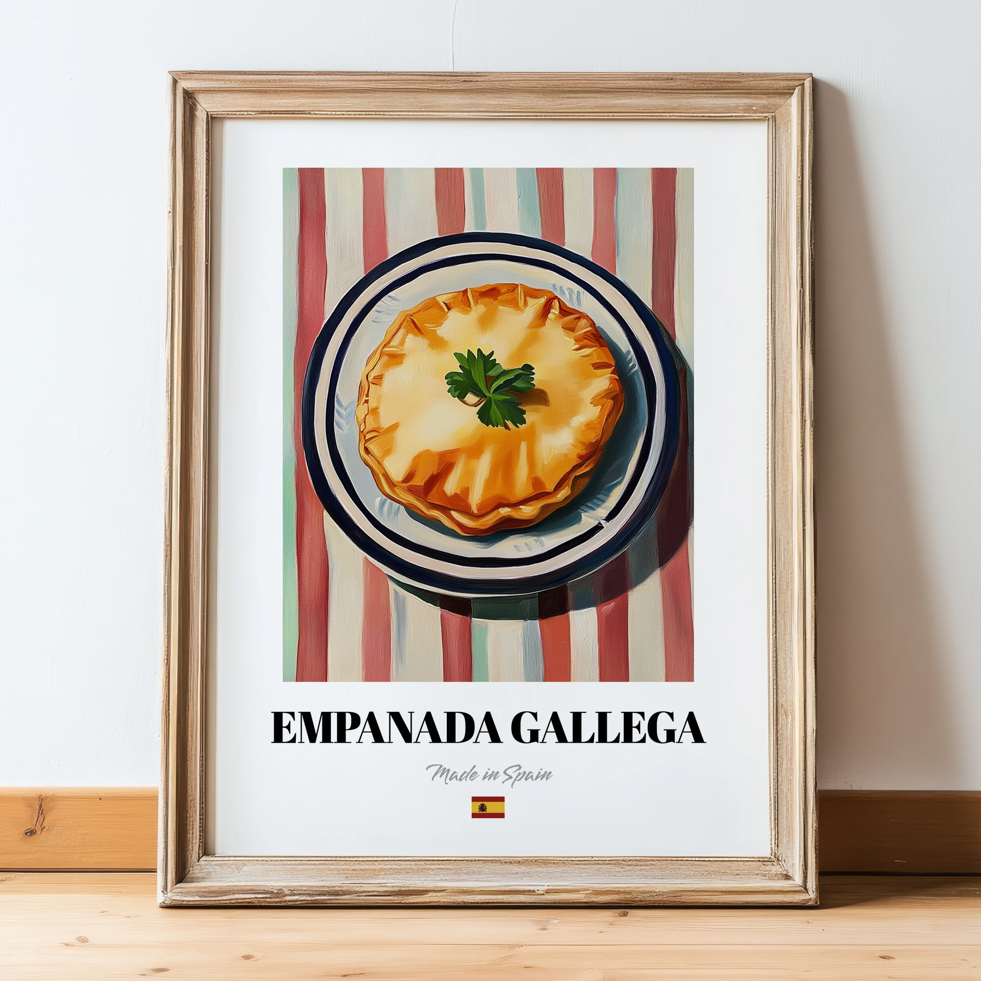 Empanada Gallega – on Striped Tablecloth, Spanish Pastry Painting, in wooden frame leaning on the floor